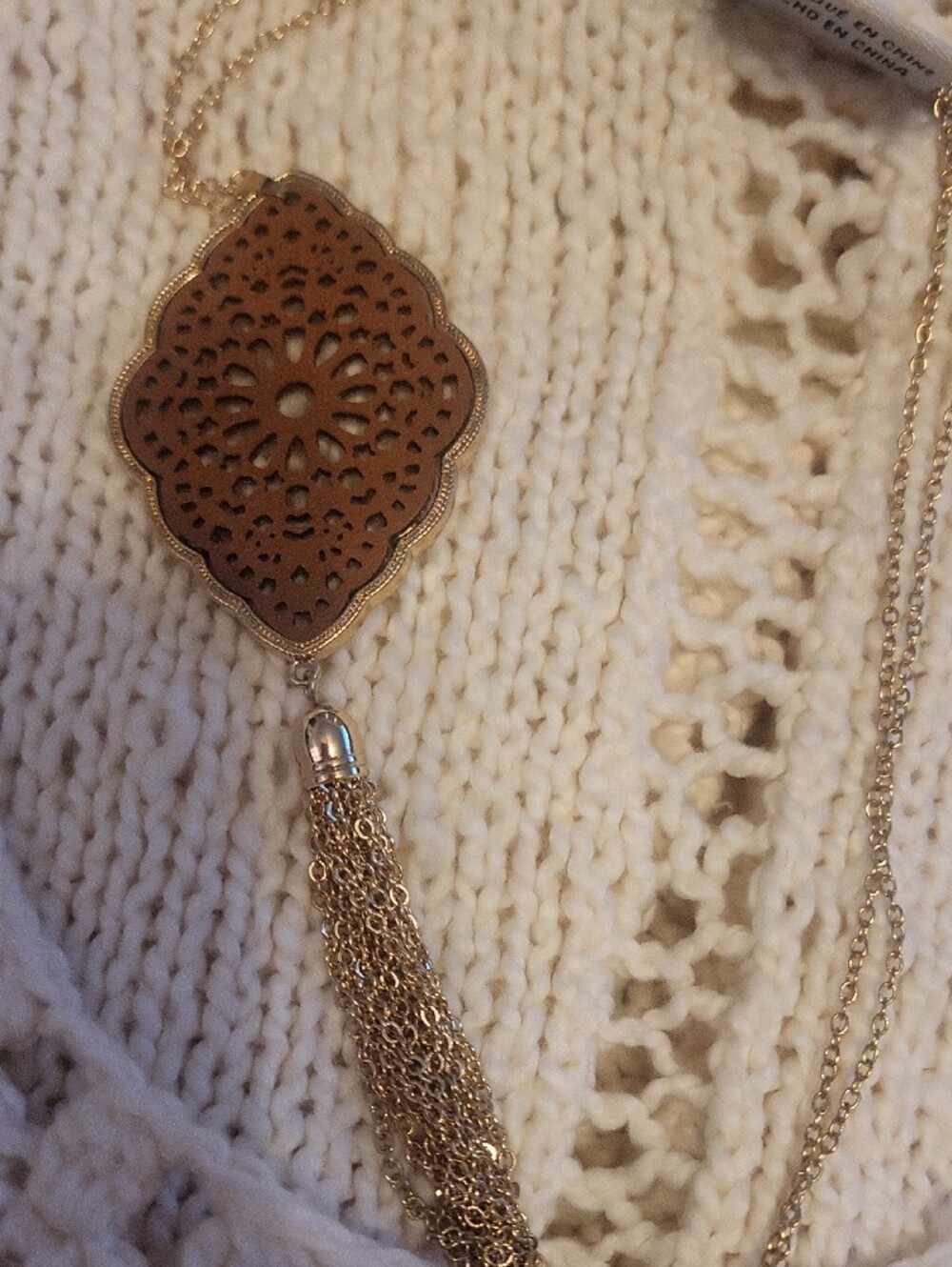 Women's Cream Scoop-Neck Open Knit Sweater With Bonus Necklace - Picture 10 of 14